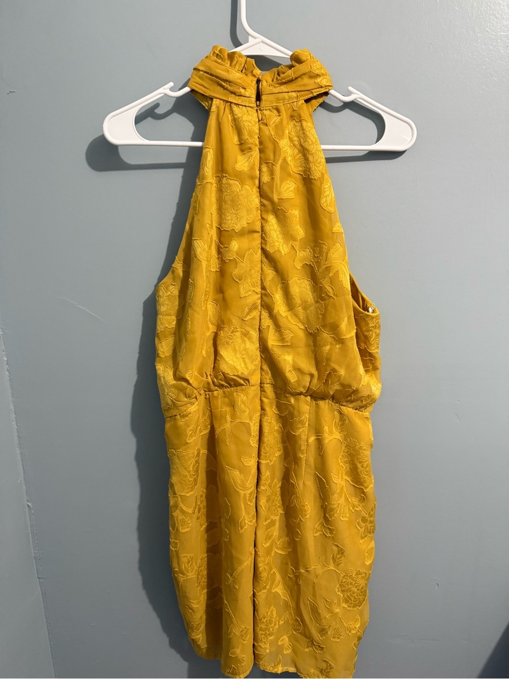 Lulus Chic Demeanor Yellow Floral Jacquard Halter Mini Dress Large - Picture 5 of 8